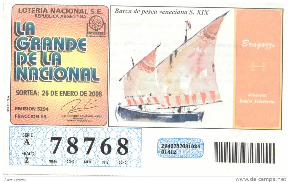 BRAGOZZI BARCA DE PESCA VENECIANA SIGLO XIX - ACUARELA DE DANIEL SALAVERRIA LOTTERY TICKET - Billetes De Lotería