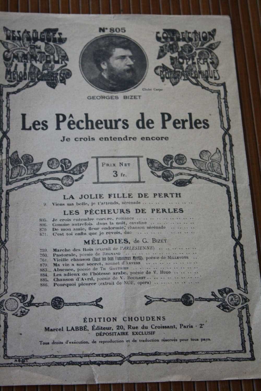 ROMANCE OPERA DE GEORGES BIZET -LES PECHEURS DE PERLES -PARTITION MUSICALE  MUSIQUE - Operaboeken
