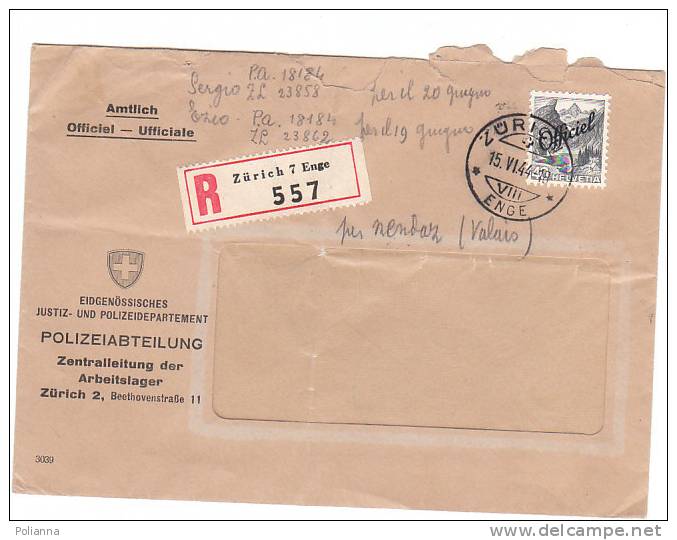 A0495 - 40 Cent. Paesaggio Su Raccomandata VG Zurigo-Lugano 15-06-1944 - Cartas & Documentos