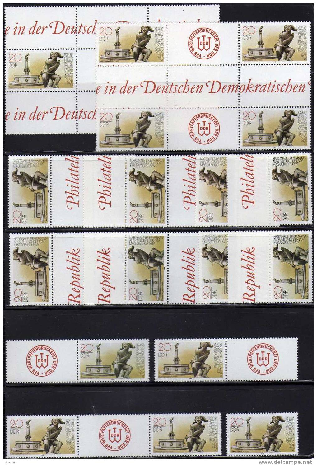 Variante Brunnen-Figur 1989 Magdeburg DDR 3265/6,22ZD+8 Blocks ** 144€ Seltene Zusammendrucke EXPO Se-tenant GDR Germany - Se-Tenant