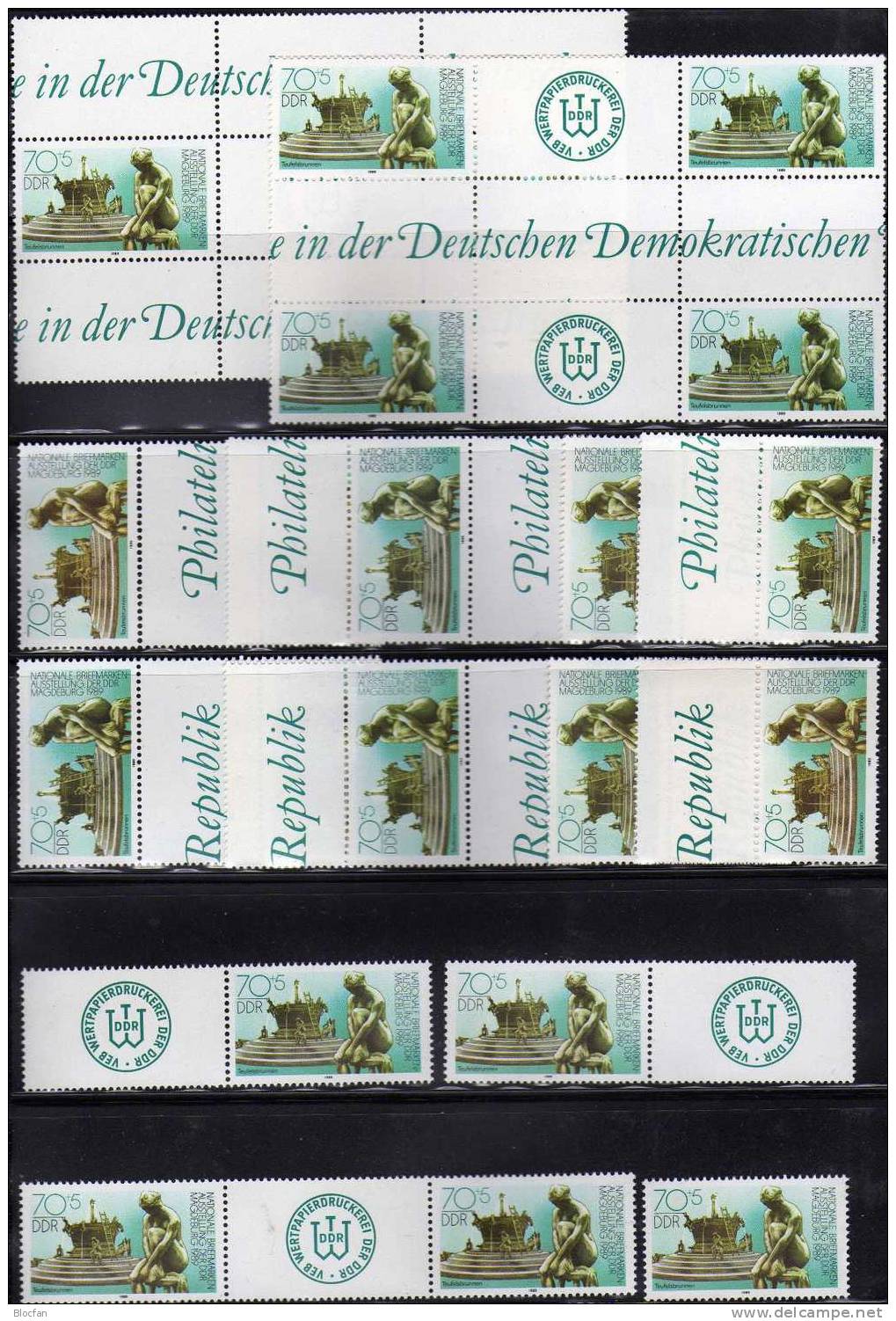 Variante Brunnen-Figur 1989 Magdeburg DDR 3265/6,22ZD+8 Blocks ** 144€ seltene Zusammendrucke EXPO se-tenant GDR Germany