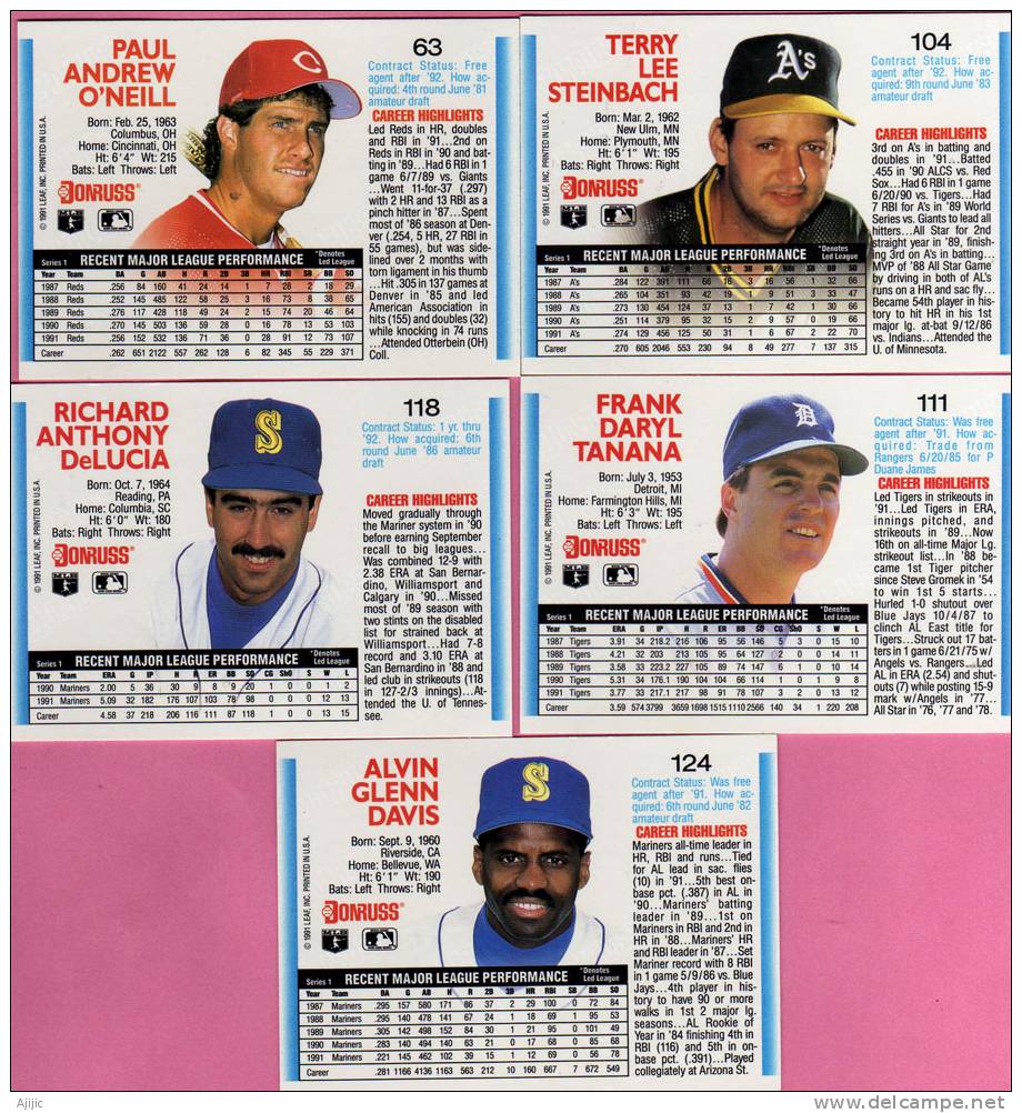 Paul O\´Neill,Terry Steinbach,Frank Tanana,Alvin Davis,Rich DeLucia.  5 Cartes Annee 1992. Photos Recto & Verso - Baseball