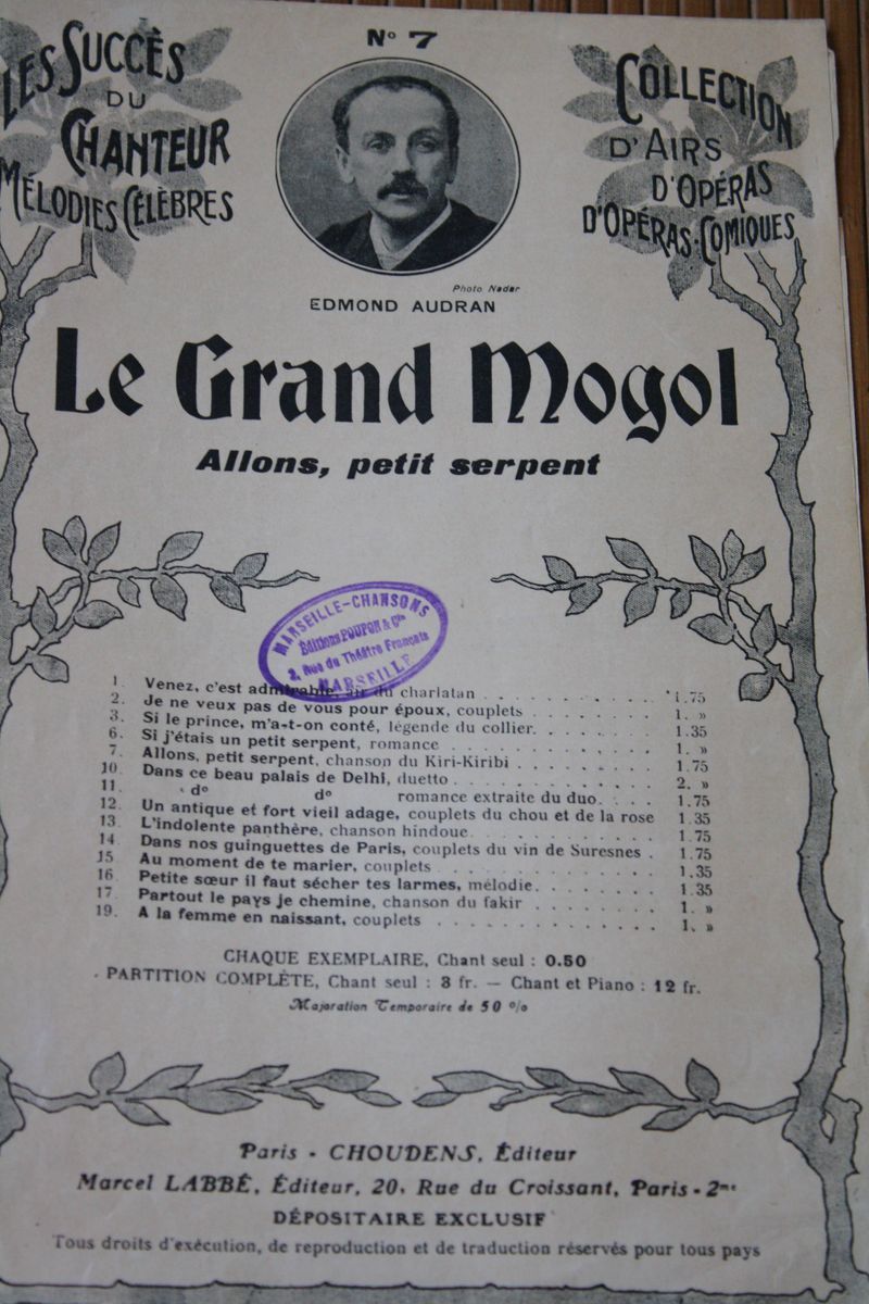 LE GRAND MOGOL ROMANCE -SI GT UN PETIT SERPENT -KIRI KIRIBI OPERA BOUFFE- AUDRAN MUSIQUE-PARTITION MUSICALE- - Operaboeken