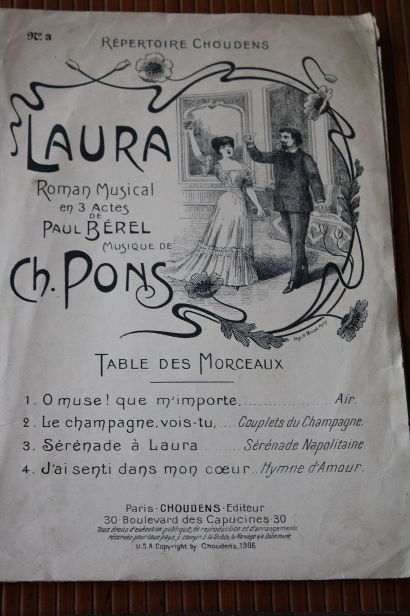 LAURA- ROMAN MUSICAL- CHOUDENS- BEREL -- - PONS -SERENADE NAPOLITAINE - - PARTITION MUSICALE-MUSIQUE - - Song Books