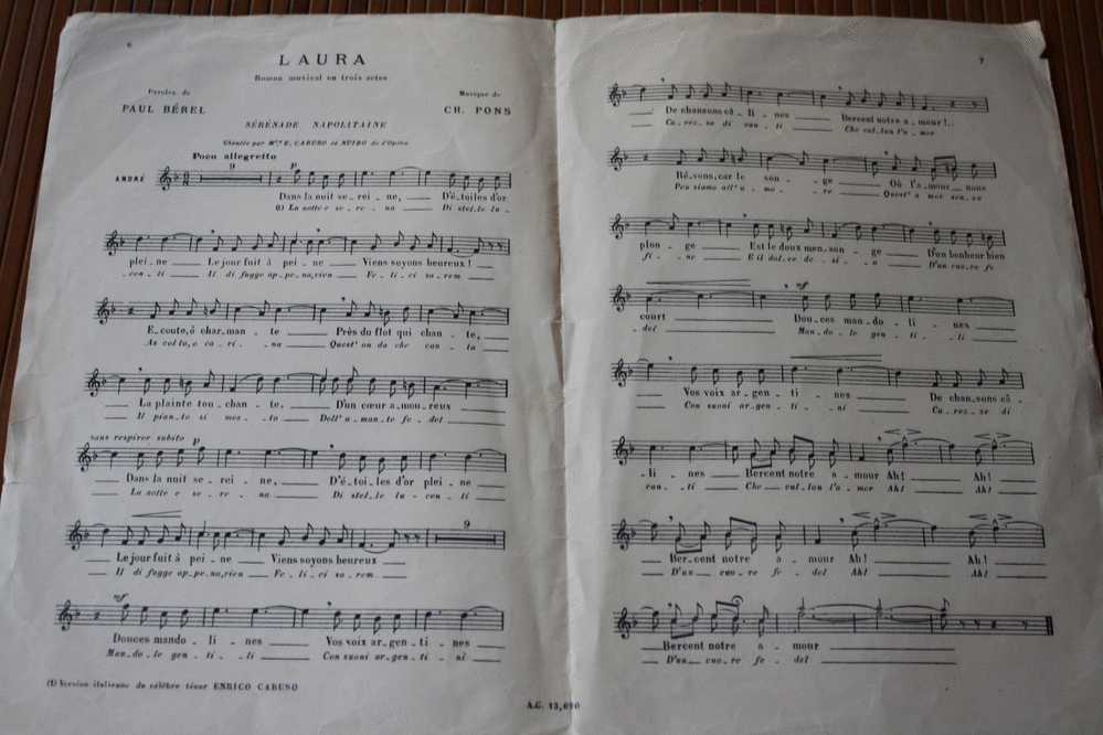 LAURA- ROMAN MUSICAL- CHOUDENS- BEREL -- - PONS -SERENADE NAPOLITAINE - - PARTITION MUSICALE-MUSIQUE - - Song Books