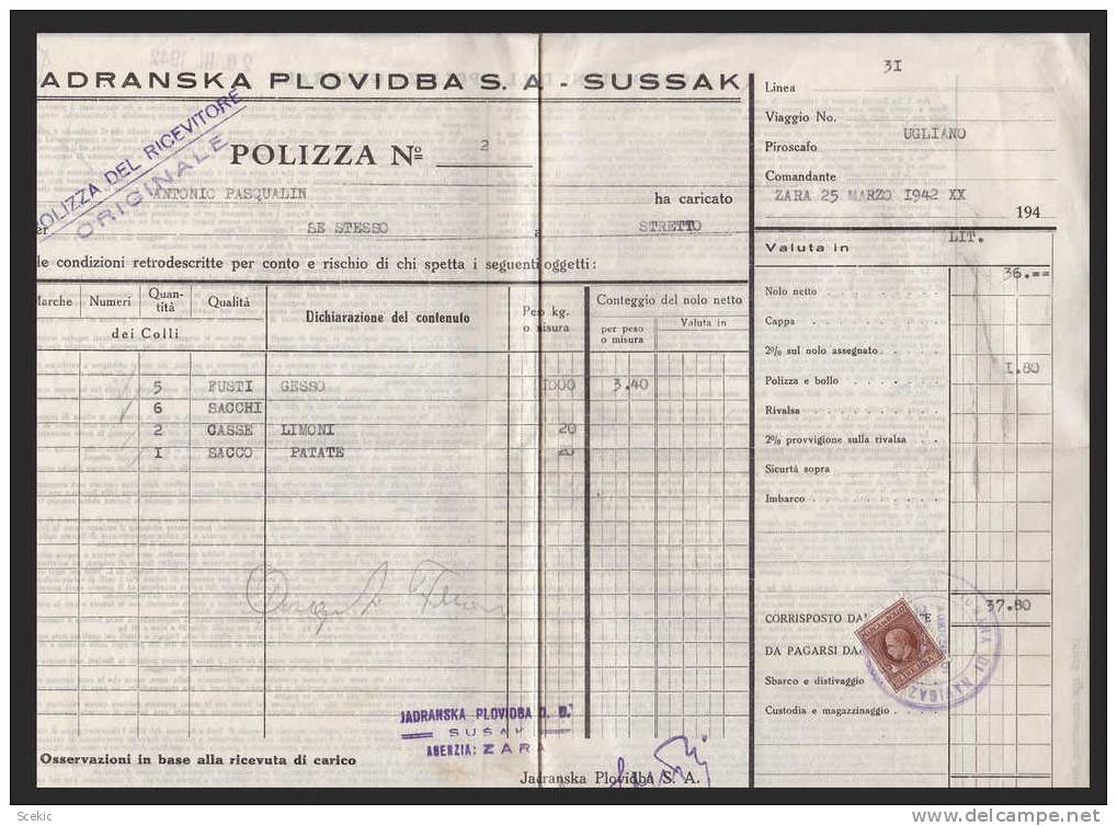 CROATIA ITALY FIUME S.A.SUSAK POLIZZA 1942 REVENUE STAMP - D5964 - Documenti Storici