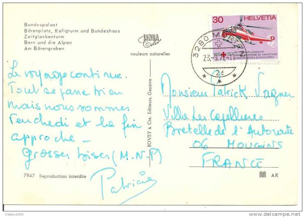 N° Y&t     CP     MURTEN    Vers   FRANCE Le  23 SEPTEMBRE 1972 - Lettres & Documents