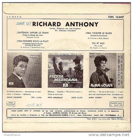 Richard Anthony 45t. EP ESPAGNE *j'entends Siffler Le Train* - Otros - Canción Francesa