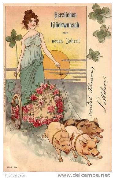 SUPERBE CARTE LITHO PRECURSEUR 1898 !!! FEMME COCHON ART NOUVEAU **  STYLE KIRCHNER MUCHA ** O SCHLEICH DRESDEN - Voor 1900