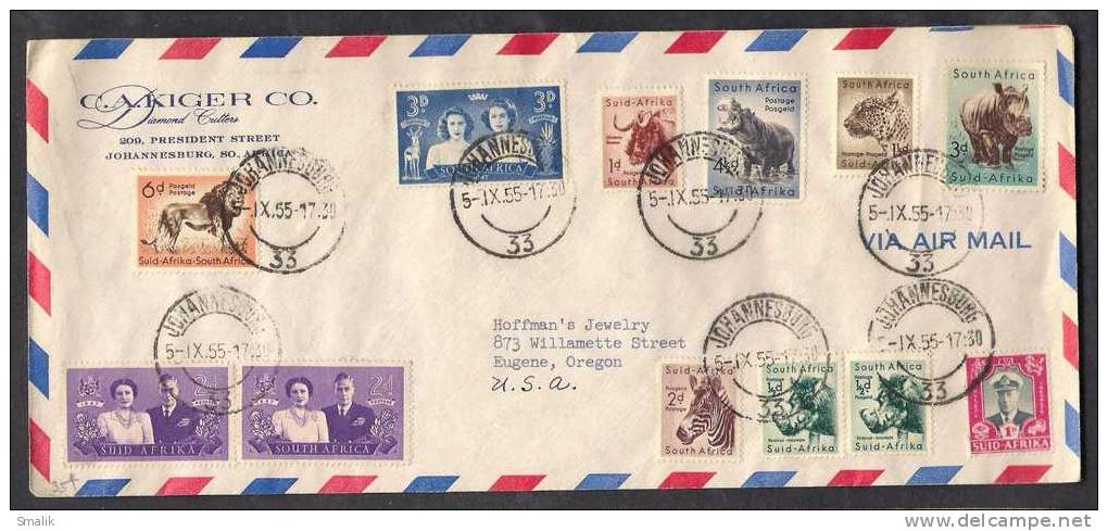 South Africa To USA, Nice Cover With 12 Stamps, Lion, Animals, Queen, Clear Postmarks 5-11-1955 - Other & Unclassified