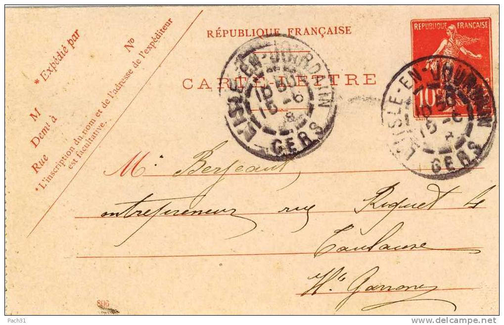 Entier Postal Carte-lettre De L'Isle En Jourdain Gers - Cartes-lettres
