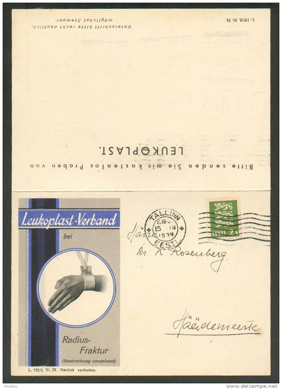 ESTONIA GERMANY 1934  GERMAN-PRINTED POSTCARD WITH ANSWER, LEUKOPLAST-VERBAND WERNER MEHKS, TALLINN - Covers & Documents
