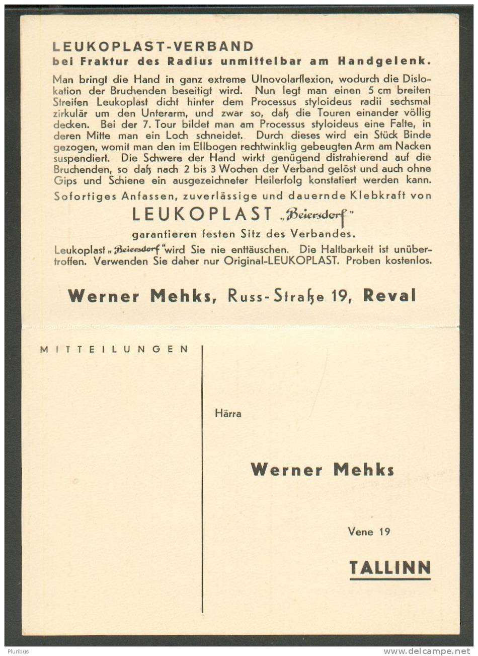 ESTONIA GERMANY 1934  GERMAN-PRINTED POSTCARD WITH ANSWER, LEUKOPLAST-VERBAND WERNER MEHKS, TALLINN - Storia Postale