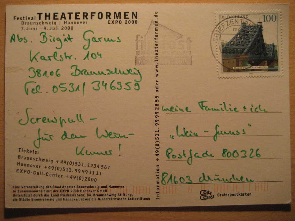 Germany 2000 FILMFEST Braunschweig THEATER FORMEN Special Event Cancel Cine Film Cinema Camera Camara Pelicula Movie - Cinema