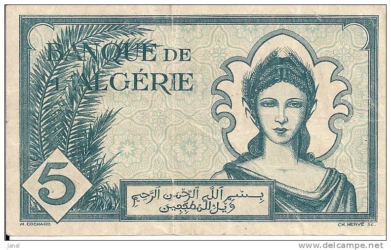 - ALGERIE - BILLETS - CINQ FRANCS - 16 - 11 - 1942 - N° 431 - V .117 - - Algeria