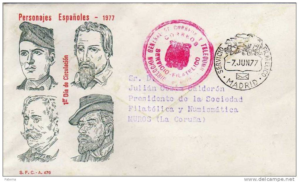 3537   Carta Franquicia, Servicio Filatelico Madrid 1977,Personajes Españoles - Portofreiheit