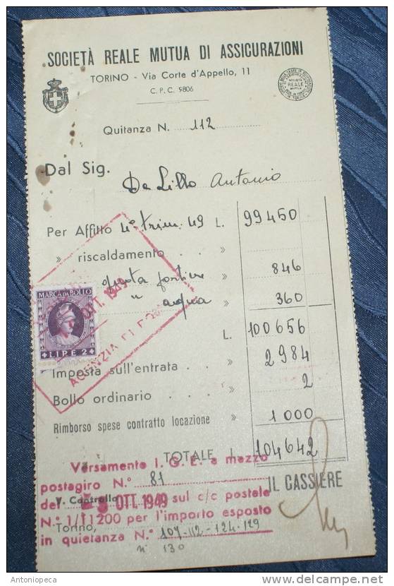 ITALY 1949 SPLENDID BLOCK IMPOSTA SULL'ENTRATA USED ON DOCUMENT - Steuermarken