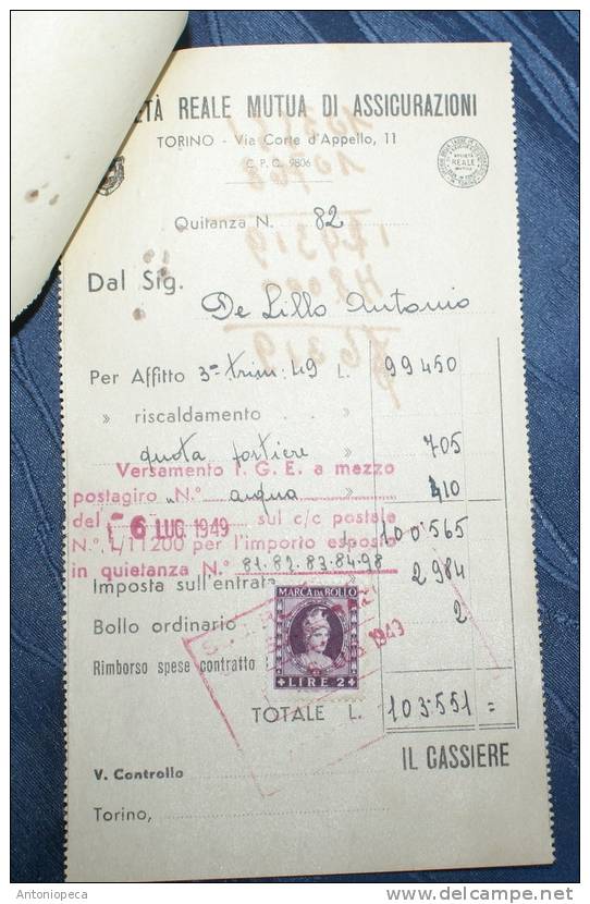 ITALY 1949 SPLENDID BLOCK IMPOSTA SULL'ENTRATA USED ON DOCUMENT - Steuermarken