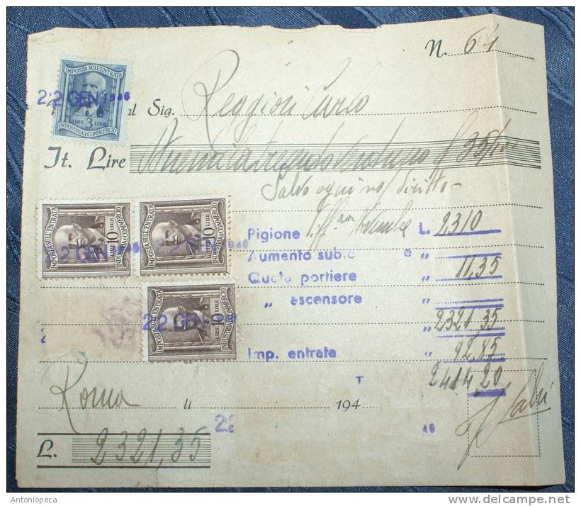 ITALY 1946 SPLENDID BLOCK IMPOSTA SULL'ENTRATA USED ON DOCUMENT - Fiscale Zegels