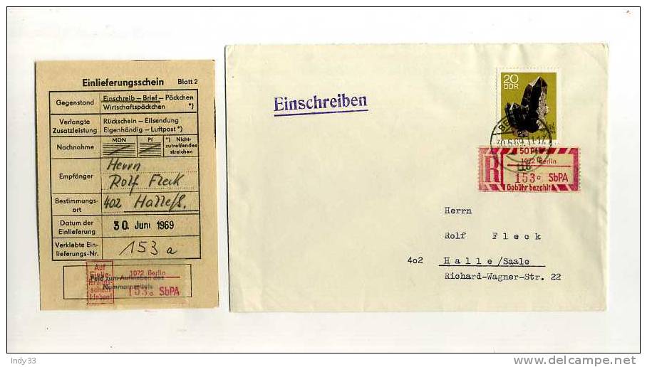 - ALLEMAGNE DDR . RECOMMANDE DE 1969 BERLIN EST . AVEC RECU - Cartas & Documentos