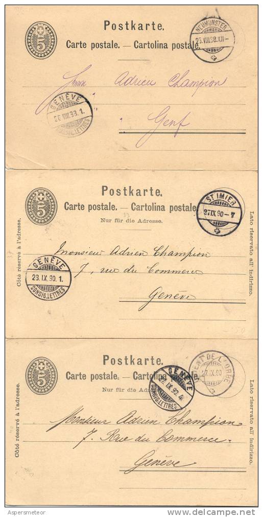 3 ENTIERS POSTAUX SUISSE 1888-90 CIRCULEES NEUMUNSTER ST. IMIER ET ORIENT DE L'ORBE A GENEVE A ADRIEN CHAMPION - Interi Postali