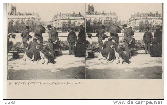 SCENES ANIMEES LE MARCHE AUX FLEURS LL - Stereoscope Cards