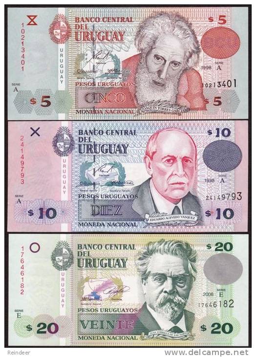 ® URUGUAY: 5+10+20 Pesos (1998/2008) 3 Billetes SIN CIRCULAR - Uruguay