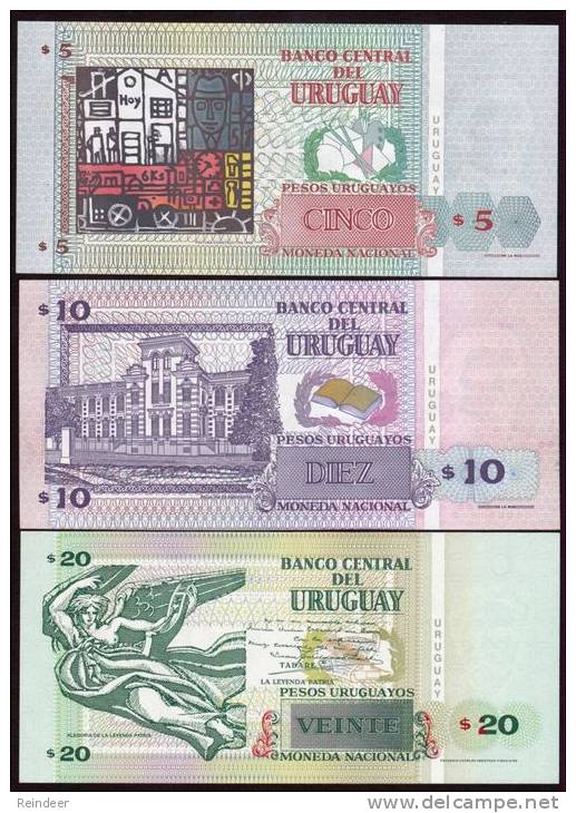 ® URUGUAY: 5+10+20 Pesos (1998/2008) 3 Billetes SIN CIRCULAR - Uruguay