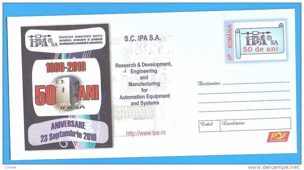 ROMANIA Postal Stationery  Cover 2010. Automated Manufacturing Equipment Energy - Electricité
