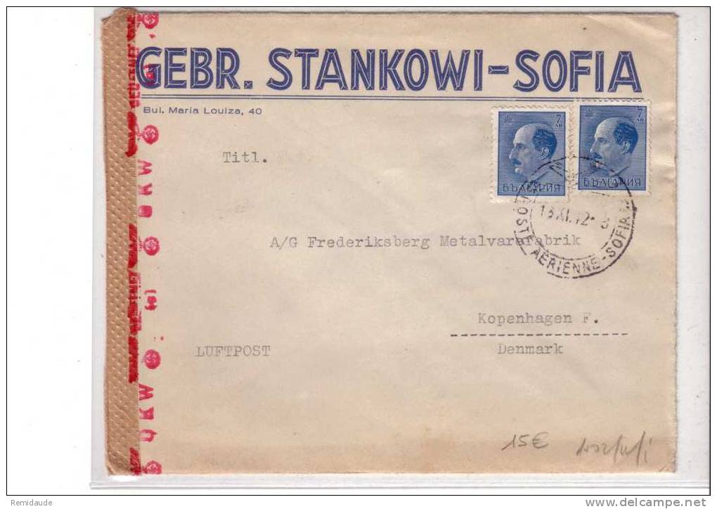 BULGARIE  - GUERRE 39/45 -  LETTRE CENSUREE PAR AVION De SOFIA POSTE AERIENNE Pour Le DANEMARK - 1942 - Covers & Documents