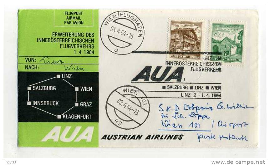 - AUTRICHE . 1er VOL INTERIEUR LINZ / WIEN . 2/4/64 - Erst- U. Sonderflugbriefe