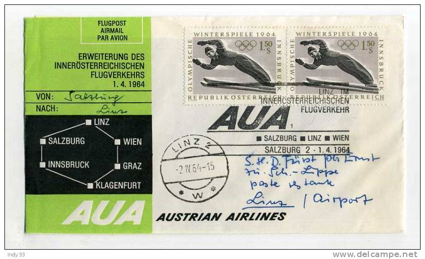 - AUTRICHE . 1er VOL INTERIEUR SALZBURG / LINZ . 2/4/64 - First Flight Covers