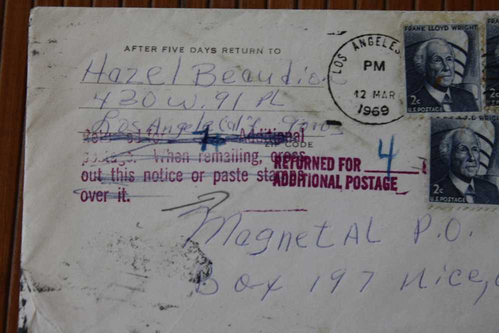 MARCOPHILIE:LETTRE Obliteration  OMEC De  LOS ANGELES USA  1969 Pour NICE BOX -BP- RETURN AFTER 8 DAYS  -  ADDITIONAL PO - Storia Postale