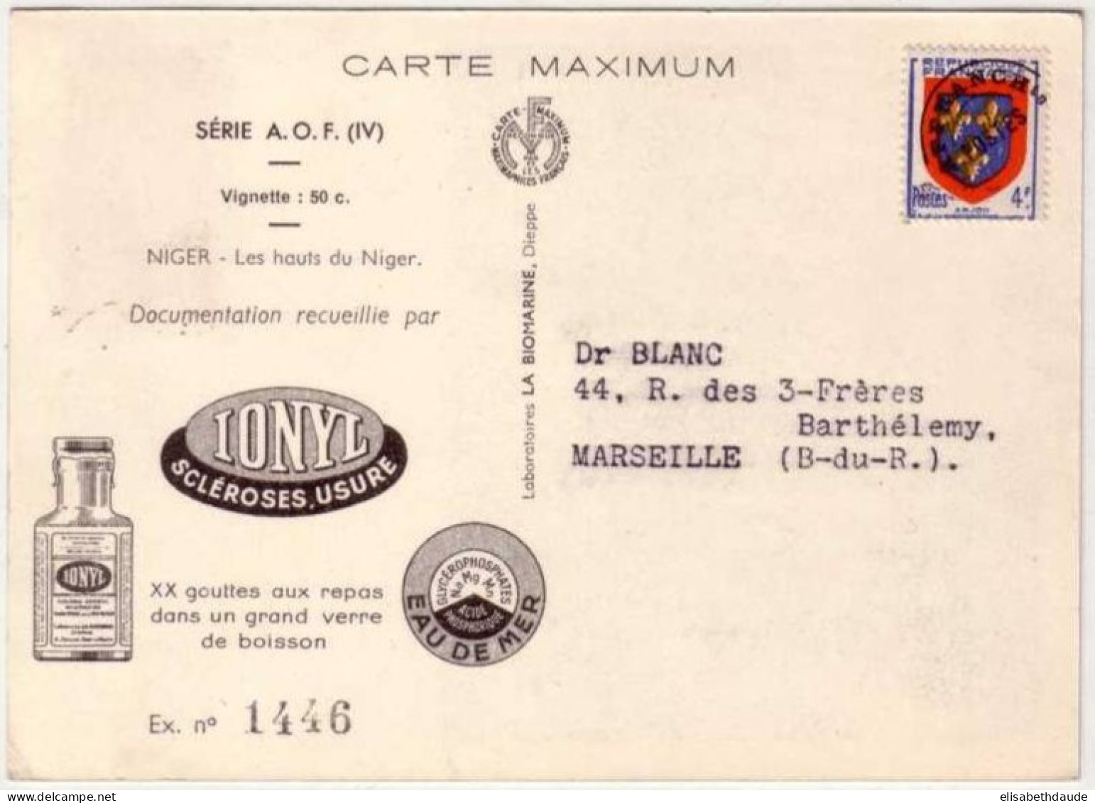 AOF - 1952 - CARTE MAXIMUM PUB MEDICALE IONYL ! De DAKAR (SENEGAL) => MARSEILLE (BOUCHES DU RHONE) - - Covers & Documents