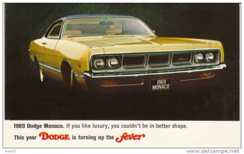 1969 Dodge Monaco Advertisement On C1960s Vintage Postcard, Big US Auto - Voitures De Tourisme