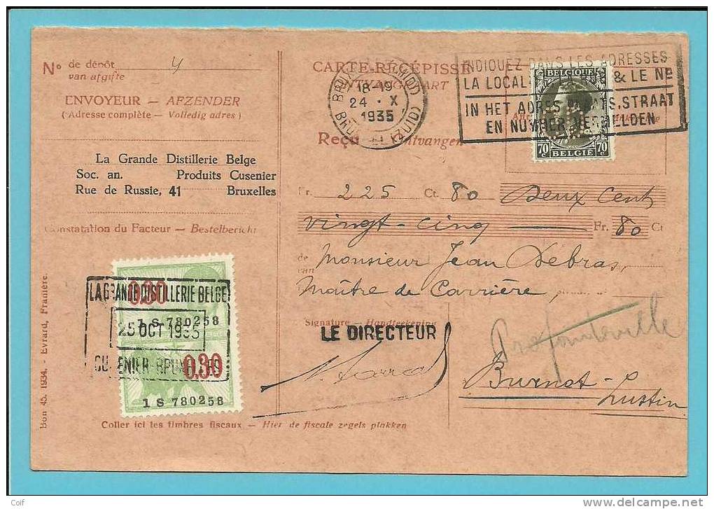 401 Op Ontvangkaart Met Firmaperforatie (G.D.B.) Van "Grande Distillerie Belge" Met Stempel BRUSSEL - 1934-1935 Leopold III