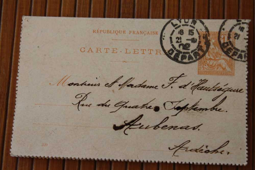 1902 ENTIER POSTAUX CARTE LETTRE TYPE MOUCHON N°117  SANS INSCRIPTION POUR EXPEDITEUR - LYON DEPART  P/ AUBENAS ARDECHE - Cartoline-lettere