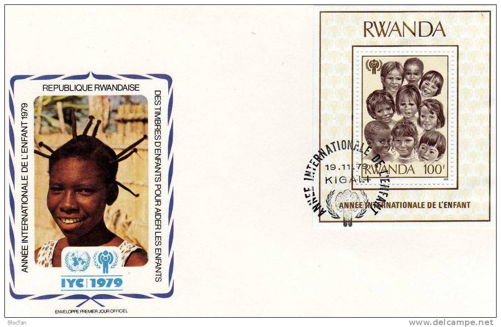 UNO Jahr Des Kindes 1979 Kinder Der Welt Ruanda 1000 + Block 86 Auf 2 FDC 12€ Junge Aus Afrika Und Europa - Usati
