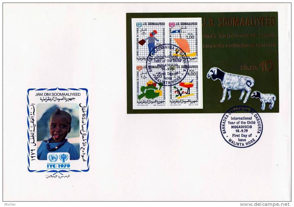 UNO Jahr Des Kindes 1979 Freizeit Der Kinder Somalia 278/1+ Block 8 Auf 2FDC 46€ Mit Tieren, Segelboot - Somalie (1960-...)