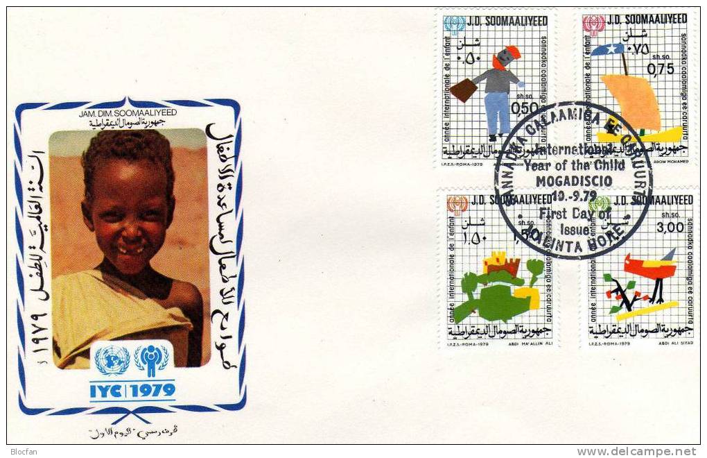 UNO Jahr Des Kindes 1979 Freizeit Der Kinder Somalia 278/1+ Block 8 Auf 2FDC 46€ Mit Tieren, Segelboot - Somalie (1960-...)