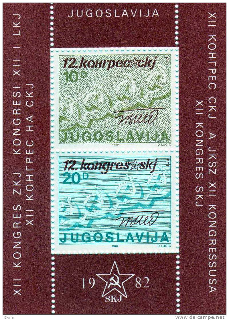 Kette XII.Parteikongreß Der SKJ 1982 Jugoslawien Block 21 ** 1€ Hammer Sichel Foglietto Bf Bloc Flag Sheet Of Yugoslavia - Blocks & Kleinbögen