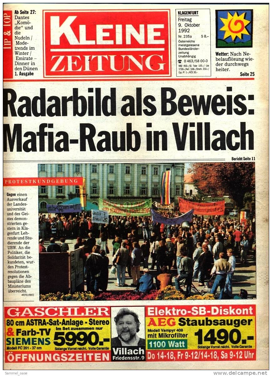KLEINE  ZEITUNG Kärnten Klagenfurt  9.10.1992  -  TV, Fussball , Kultur , Politik Und Interessante Berichte - Sonstige & Ohne Zuordnung