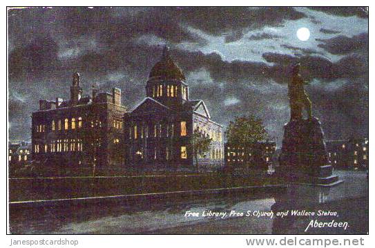 Moonlit ABERDEEN Free Library & Wallace Statue - Aberdeen - Grampian - SCOTLAND - Aberdeenshire