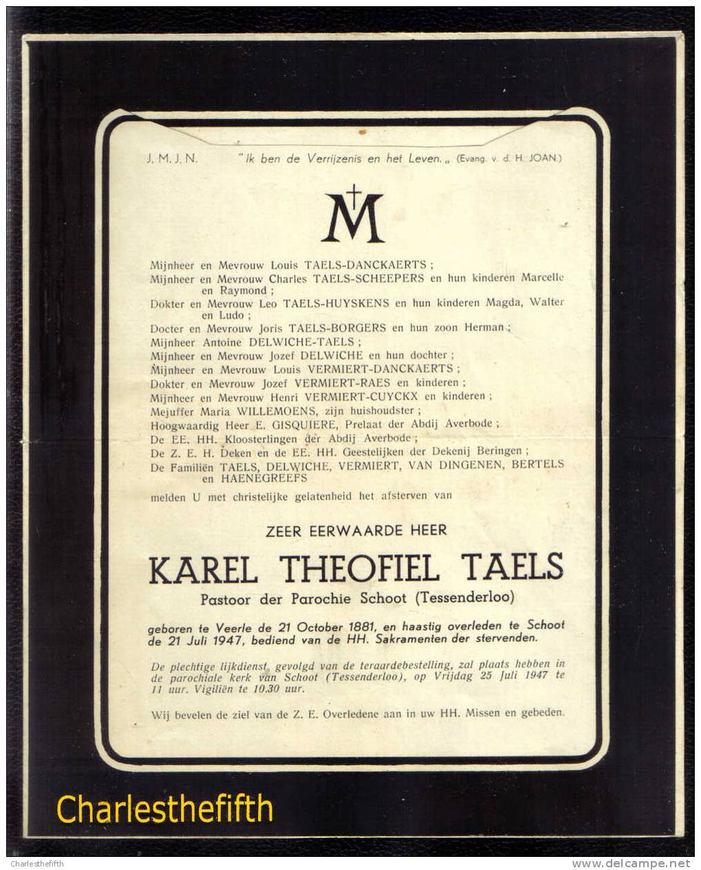 PASTOOR SCHOOT ( Tessenderloo ) ** KAREL THEOFIEL TAELS ** Veerle 1881 - Schoot 1947 - Andere & Zonder Classificatie