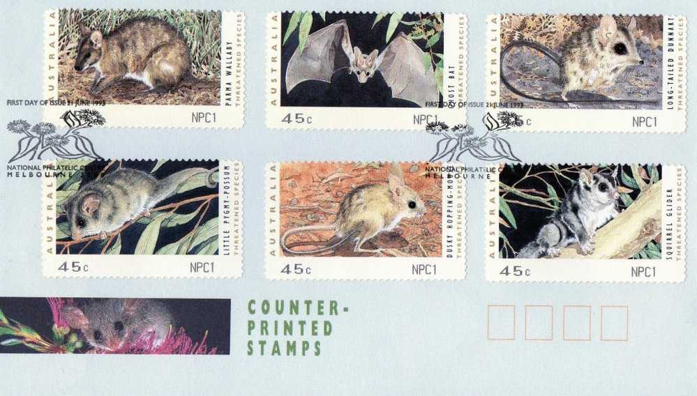 Australia 1993  Counter Printed Stamps - Threatened Species FDC - Brieven En Documenten