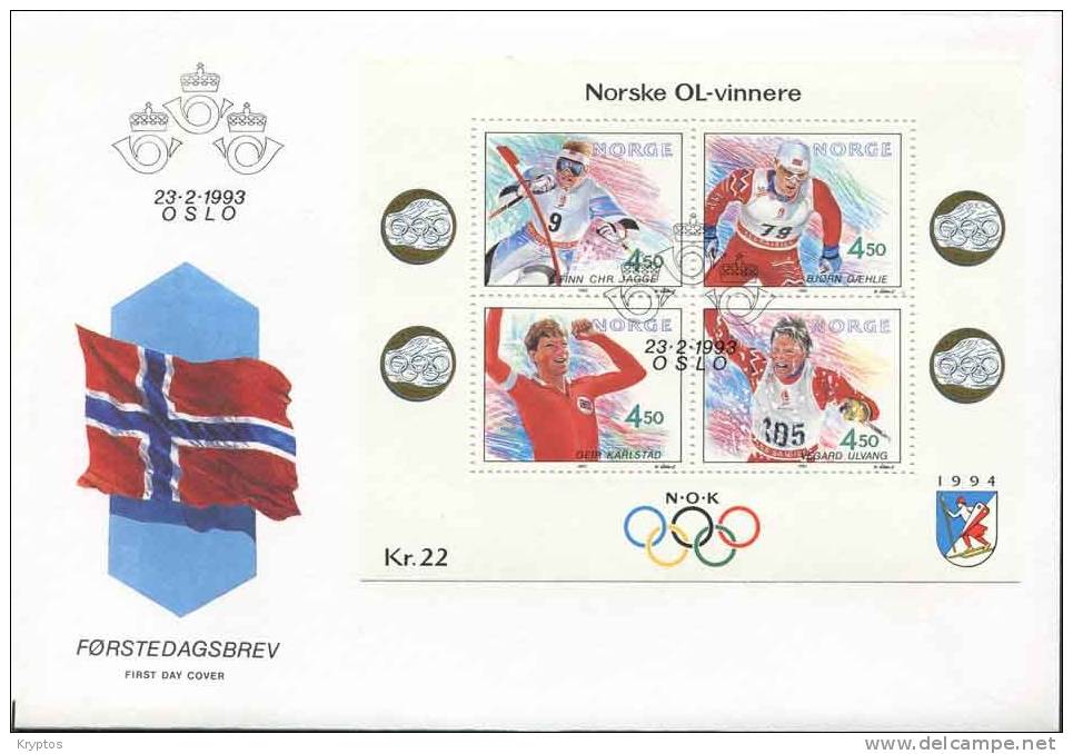 Norway 1993 - Norwegian OL Winners - Block On FDC - Briefe U. Dokumente