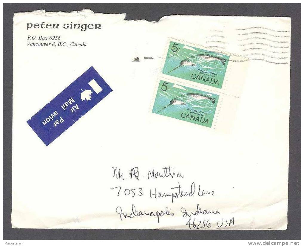 Canada PETER SINGER Airmail Par Avion Label Vancouver To Indianapolis United States Pair Of Narwhal Narval Whale - Poste Aérienne