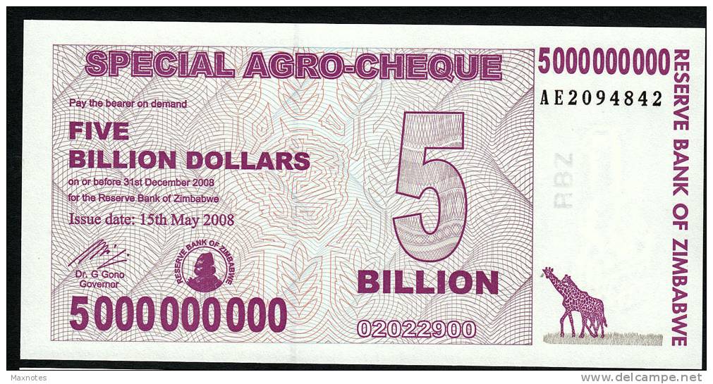 ZIMBABWE :  5 Billion Dollars  - Agro Cheque - 2008 - UNC - Zimbabwe