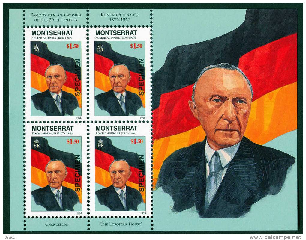 POLITICS KONRAD ADENAUER  BLOCK 4 STAMPS MONTSERRAT ALL STAMPS WITH VERY RARE OVERPRINT SPECIMEN    RARE 100% GENUINE - Non Classés