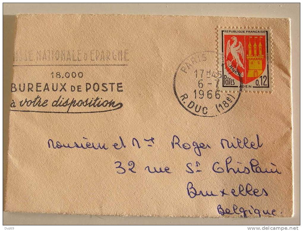 0,12 Blason AGEN "seul Sur Lettre" De Paris 18e Pour Bruxelles, Flamme De 1966, Parfait état - Lettres & Documents